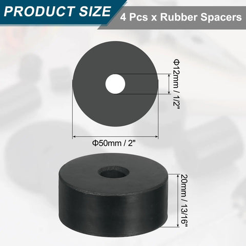 Four Piece Thick Rubber Spacers With Two Inch Outer Diameter Half Inch Inner Bore And Thirteen Sixteenths Thickness displayed with dimensions.