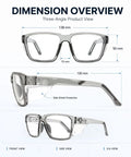 Built Tough Photochromic Safety Glasses With Auto Darkening Lenses Shifting From Clear Indoor View To Dark Shades Outside, dimension overview with side shields.