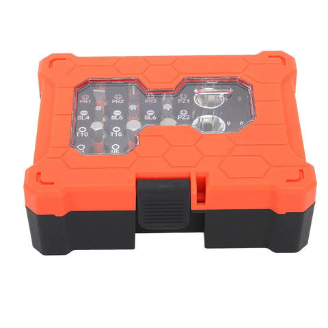 23 Piece Socket Wrench Set Featuring A Slick 72 Tooth Ratchet And Sixteen Tough S2 Bits For Real Deal Auto Grind And Weekend Warrior Garage Projects Accessories in orange case.