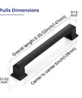 Insanely Sleek Matte Black Cabinet Pulls For Kitchen Drawers And Pantry Doors Dead Solid Metal Build With Zero Hassle Mounting And Grippy Finger Hold Twenty Piece Pack Spanning Five Inch Hole Centers with dimensions shown.
