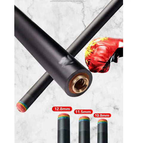 Solid Carbon Fiber Pool Cue Stick With Quick Release Joint And Maple Technology Shaft For Bullseye Accuracy And Dead Straight Roll Quick Pick 10.8 11.5 12.8mm Sizes close-up of cue ends showing sizes.