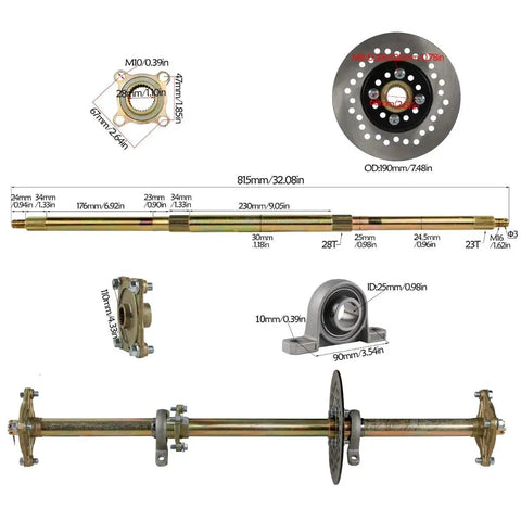 Heavy Duty 32 Inch Go Kart Rear Live Axle Kit With 5 Inch Wheels And 11x7.10-5 Racer Tires, 420 Sprocket, 3 Stud Hub