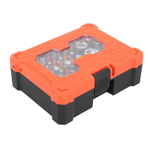 23 Piece Socket Wrench Set Featuring A Slick 72 Tooth Ratchet And Sixteen Tough S2 Bits For Real Deal Auto Grind And Weekend Warrior Garage Projects Accessories in a durable orange and black storage case.