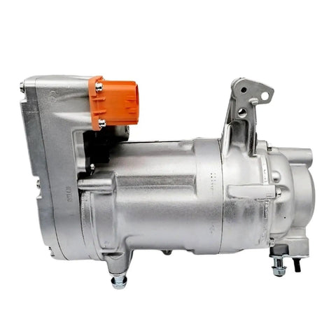 No Sweat Electric AC Compressor Rock Solid Replacement For Tesla Model 3 Model Y EV showing silver metal body and orange connector.