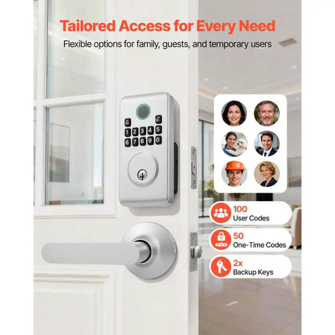 Rock Solid Keyless Entry Door Lock Set Featuring A Super Slick Silver Keypad Deadbolt With Comfortable Lever Handles For Hassle Free Setup And Tight Security on a door with user codes.
