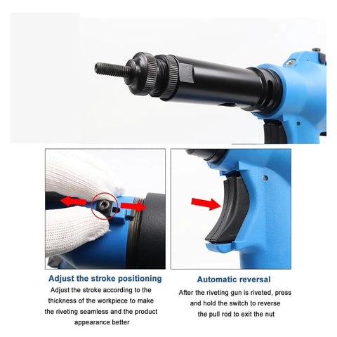 Full Auto Pneumatic Hydraulic Rivet Nut Gun Set M3 To M12 One Click Reversal 7Mm Stroke detail showing stroke adjustment and reversal switch.