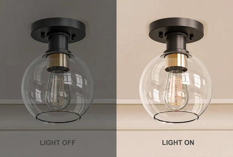 Modern Farmhouse 1 Light Flush Mount Ceiling Light With Clear Glass Globe In Black And Gold Finish for interiors, light off and on comparison.