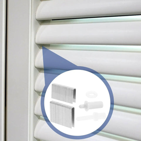 Durable As Heck Universal Shutter Pin Repair Kit For Fast Swap Window Louver Hardware showing white shutter pins and clips.