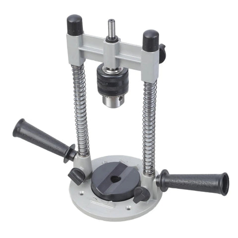 Versatile Drill Press Attachment For Vertical And Angled Boring With Rubberized Base Protection, showing spring-loaded plunge jig.