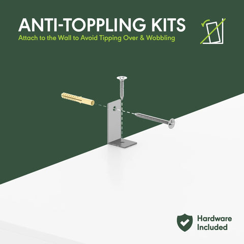 Anti-toppling kits with wall attachment hardware to prevent tipping and wobbling, featuring a metal bracket, screw, and plug.