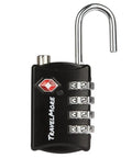 Close-up of open black padlock, part of Five Pack TSA Luggage Locks With Four Digit Combination For Heavy Duty Travel Lock It Down On Baggage Suitcases And Backpacks Set Your Own Padlocks Black, showing combination dials.