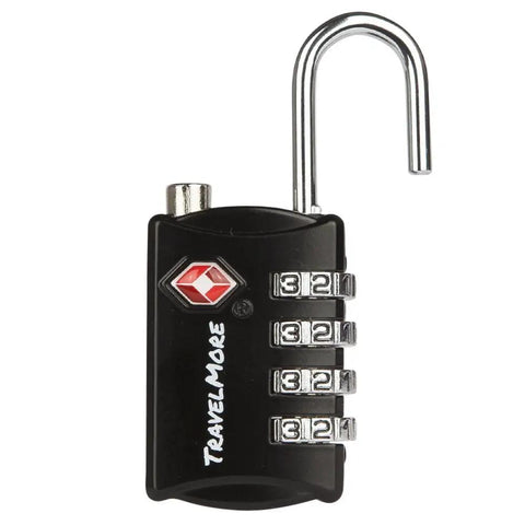 Close-up of open black padlock, part of Five Pack TSA Luggage Locks With Four Digit Combination For Heavy Duty Travel Lock It Down On Baggage Suitcases And Backpacks Set Your Own Padlocks Black, showing combination dials.