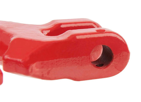 Close-up of Three Eighths Inch Logging Chain Choker Hook Grade 80 Not For Overhead Lifting 6900 Lbs WLL, red alloy steel detail