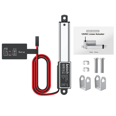 Top Notch Mini Linear Actuator Featuring Two Inch Travel Plus Twelve Volt DC Packs with cables, mounting hardware, and user manual.