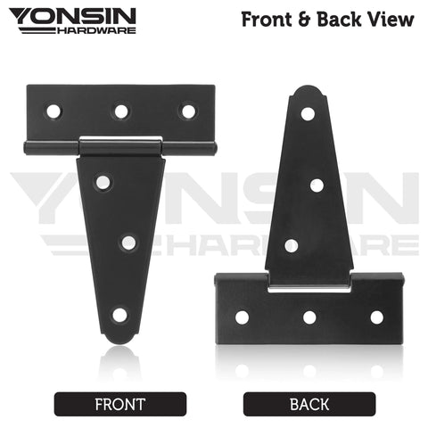 Front and back view of 4 Inch T Strap Shed Door Hinges 4 Pack Heavy Duty Black Finish For Wooden Fence Gate Outdoor Barn Door Hardware 2mm