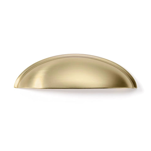 10 Pack 3 Inch Four Center Gold Drawer Pulls With Brushed Brass Cup Handles For Kitchen Cabinets shown from the side.