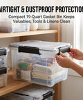 Hella Sturdy 19 Quart Stackable Storage Bin With Airtight Gasket Seal And Clear Body for organizing tools and linens.