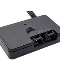 Close-up of iCUE Lighting Node PRO RGB Lighting Controller with two LED channel outputs and USB connectivity for PC lighting.