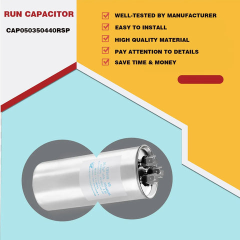 Professional Grade Round Dual Run Capacitor 35 Plus 5 Microfarad 370 440 Volt HVAC Compressor Fan Motor Replacement image with label.