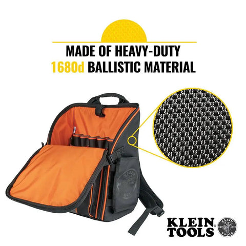 Heavy Duty Jobsite Ready Workhorse Tool Backpack With 21 Pockets And Large Interior Water Resistant 1680D Ballistic Weave Quick Front Access Zipper For Tools Work Light Loop Durable Organizer For Electricians And Builders, showing orange interior and material detail.