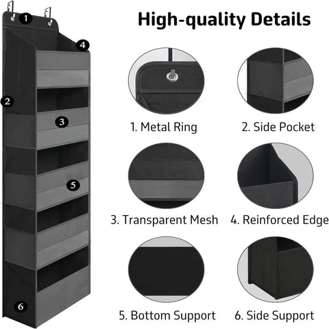 Seven Tier Over Door Hanging Storage Rack With Plentiful Mesh Side Pockets For Closets And Baths details like metal ring and reinforced edge.