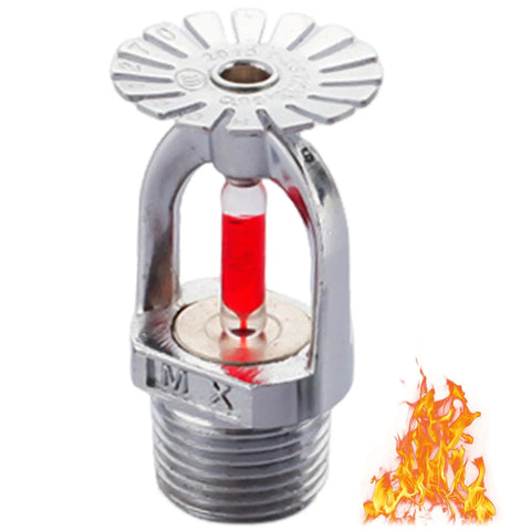 Quick Release Pendent Fire Sprinkler Head With Sixty Eight Degree Trigger And One Half Inch Threads, copper body with red glass bulb.