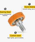 Closeup of a 22mm nylon drawer roller with M6 thread shaft, made of nylon and bearing steel for smooth operation.