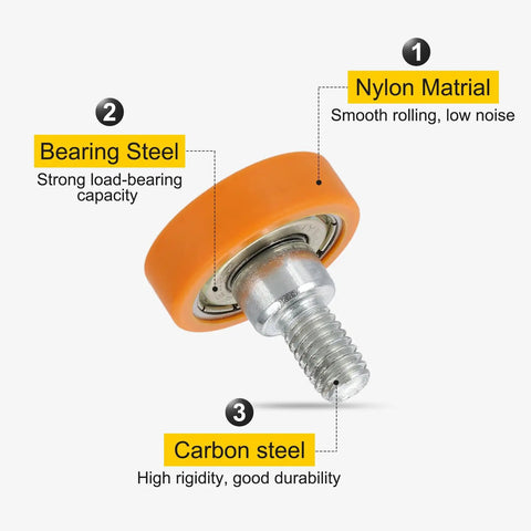 Closeup of a 22mm nylon drawer roller with M6 thread shaft, made of nylon and bearing steel for smooth operation.