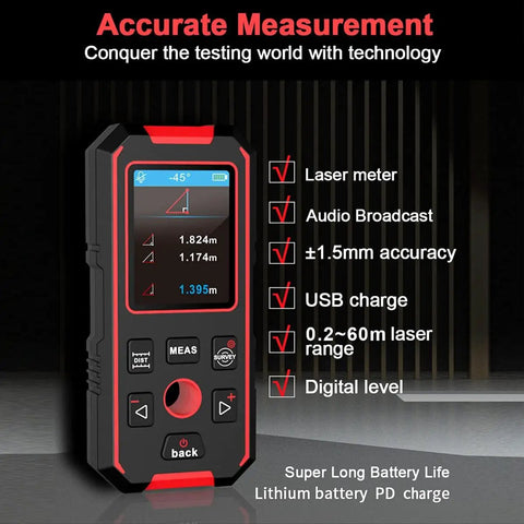 Heavy Duty Stud Finder Wall Scanner With 60 Ft Laser Measure Built In Digital Spirit Level showing screen and buttons for accurate measurements.