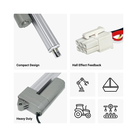 12V Industrial Mini Linear Actuator With 40 Inch Stroke, 330 Lbs Thrust, Hall Effect Feedback, Stainless Steel Rod, Brushed DC Motor, Built Tough For Marine Apps, Automation And Robotics components displayed