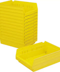 Dang Versatile Plastic Storage Bins For Refrigerator And Kitchen Pantry Organization Yellow Shelf Containers Fit Under Sink Cabinets Or Garage Shelving 12X8X4 Inch Heavy Duty Bulk Pack Of 12 stacked with one bin on side.