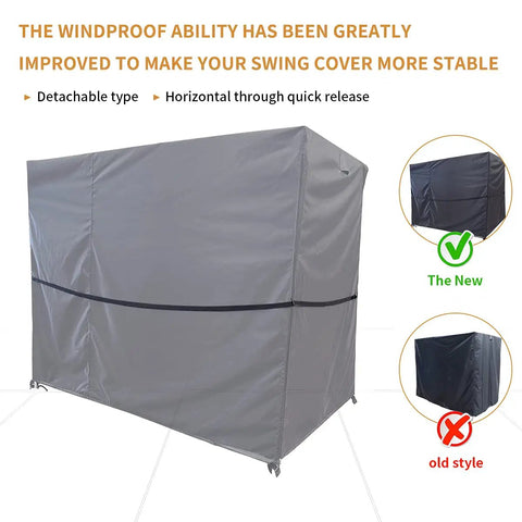 Triple Seater Hammock Swing Cover For Outdoor Use Waterproof And UV Resistant All Weather Shield 81x49x67 Inches showing new windproof design.