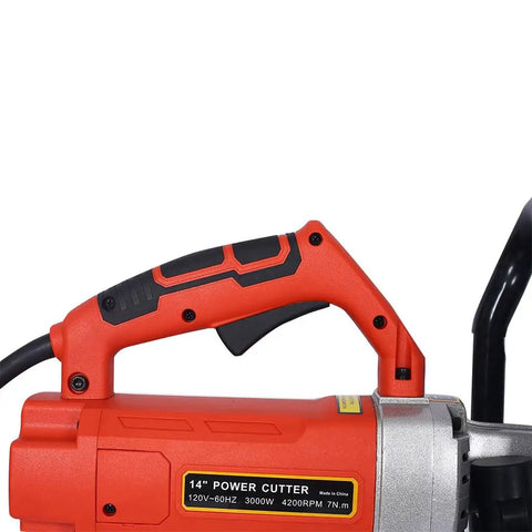 Heavy Duty 3000W Electric Concrete Saw Featuring Wet And Dry Cutting Modes With Water Line Hose close-up of red handle and motor.