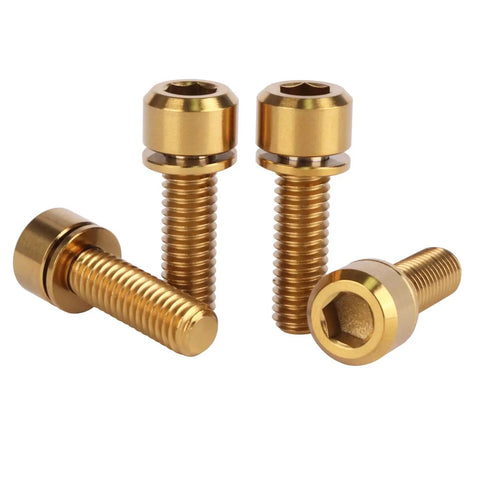 Top Shelf Titanium Bike Bolts M6 Hex Socket Screws Pack Of Four Gold Anodized screws with hex drive, used for cycling hardware.