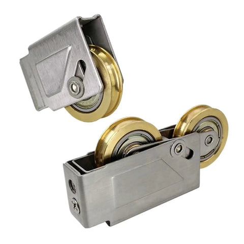 Slick Heavy Duty Sliding Door Rollers With Double Wheel Assembly And Muted Brass Wheels Aluminum Alloy Pulleys, close-up view.