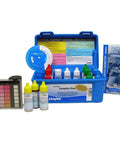 Pro Grade Low Range Pool And Spa Test Kit Engineered For Commercial Water Analysis with six bottles and color chart.