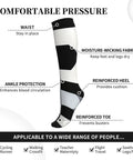 High Performance Unisex Athletic Compression Socks Featuring Graded Ankle Support Breathable Moisture Wicking Fabric Black White Piano Plate Grid Design with details on pressure points.