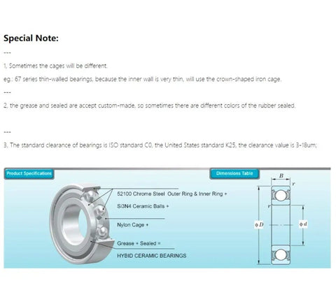 Image showing Heavy Duty Hybrid Ceramic Bearings 8x16x5mm Abec-1 with Si3N4 balls and chrome steel ring specifications.