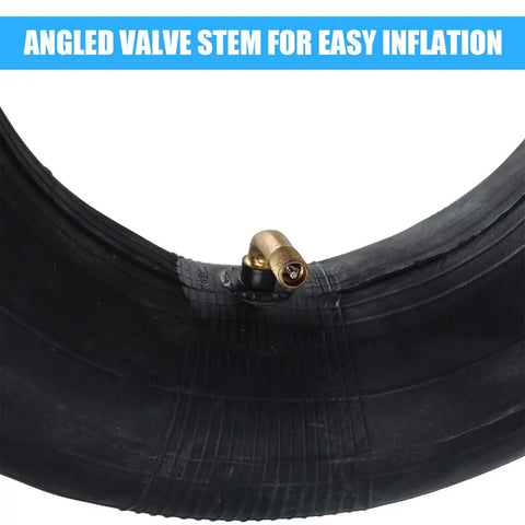 Close-up of angled valve stem on Two Pack 4.10/3.50-4 Inner Tubes With Bent Valve Stem Workhorse for easy inflation.