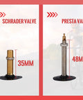 Comparison of Schrader 35mm and Presta 48mm valves, highlighting the Presta used in 29 Inch Mountain Bike Inner Tubes 2 Pack.
