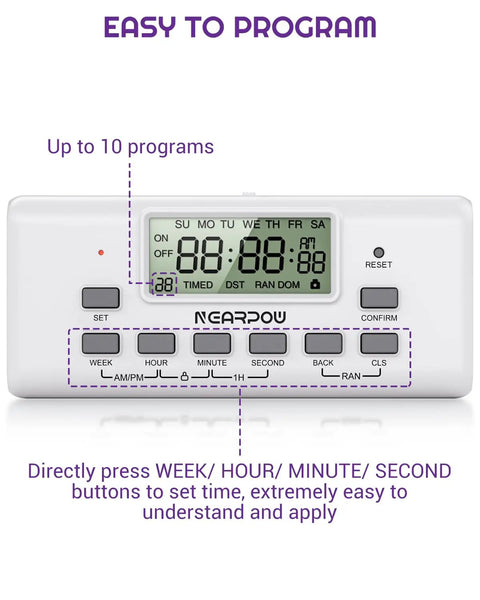 Dual Digital Timer Outlets Keep Your Daily Routine Smooth With A 7 Day Programmable Schedule Easy Manual Switches And Plug And Play Setup That Just Works Like A Dream control panel showing up to 10 programs.