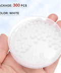 Three Hundred White Polypropylene Plastic Precision Bearing Balls 5mm Diameter G2 Grade Frosted Finish in a hand-held clear container.