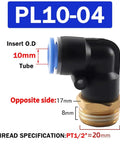 Close-up of 10mm quick-connect elbow from 100 Piece Pneumatic Air Connector Kit With 4 6 8 10 12 Millimeter Barbed Fittings And Quick Connect Elbows PL10-04