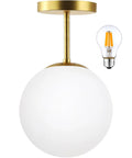 Mid Century Modern Ceiling Light Fixture With Milk Glass Shade And Matte Gold Finish Semi Flush Mount For Hallway Living Room Kitchen Bedroom Or Storage Spaces Bulb Included No Fuss Install