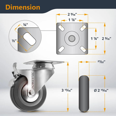 Heavy Duty 3 Inch Swivel Caster Wheels Equipped With Lock Down Dual Brakes And Roll Smooth Gray Rubber Tires For Tough Furniture Cart Dolly And Workbench Builds dimensions and steel plate mount.