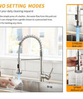 LED Light Kitchen Faucet With Pull Down Sprayer Dope Style Sus304 Stainless Steel Industrial Single Handle Brushed Nickel Finish For Farmhouse Campers RVs Laundry Utility And Wet Bar Sinks in use with stream and spray modes.