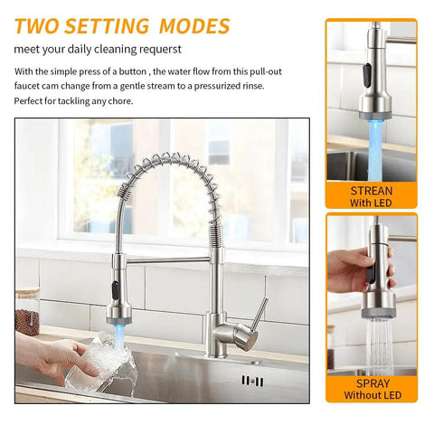 LED Light Kitchen Faucet With Pull Down Sprayer In SS304 Stainless Steel Brushed Nickel Finish showing two water modes in a kitchen sink