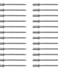50 Piece Stainless Steel Blind Rivet Kit With Smooth Dome Head, rows of corrosion-resistant fasteners for DIY projects.
