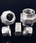 Rock Solid 304 Stainless Steel Coupling Union Pipe Connector Featuring Female To Female Threads for No Sweat Plumbing Jobs and Serious Corrosion Defense.