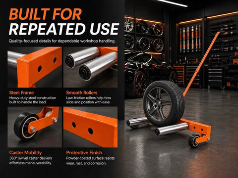 Heavy Duty Adjustable Tire Wheel Dolly With No Sweat Lever Lift Design And 440 Lbs Capacity For Effortless Hub Assembly Moving In Your Workshop And Sturdy Frame with smooth rollers and caster mobility.